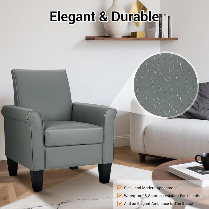 Mid-Century Modern Accent Chair, Overstuffed Leather Chairs for Living Room,Upholstered Comfy Club Chair Fake Faux Leather Armchair for Bedroom Apartment Office Lounge, PU Leather, Grey