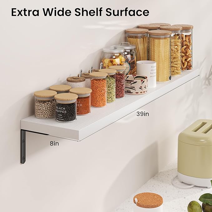 Marsmiles Extra Wide Floating Shelves for Wall, 40x8 Inch Natural Wood Grain Bookshelves, Heavy Duty Mounted Shelving for Bathroom, Kitchen, Living Room, Bedroom,Set of 2，White