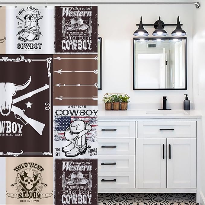 Vintage Cowboy Western Country Shower Curtain,Bull Head Boots Arrow Patchwork Design Waterproof Shower Curtains for Bathroom Decor 12 Pack Hooks 66x72in（168x183cm）