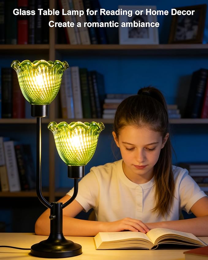 Lightdot Green Glass Flower Table Lamp for Bedroom Dimmable Mid Century Modern Vintage Desk Lamp Black Nightstand Lamp 2 Bulbs Included Warmwhite Ambient Bedside Lamp for Living Room Home Office Decor