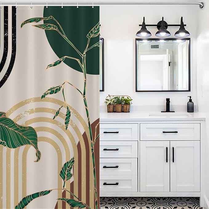 Green Boho Shower Curtain,Retro Abstract Mid Century Minimalist Tropical Modern Bathroom Curtain Polyester Waterproof Fabric Decor 66x72in（168x183cm）