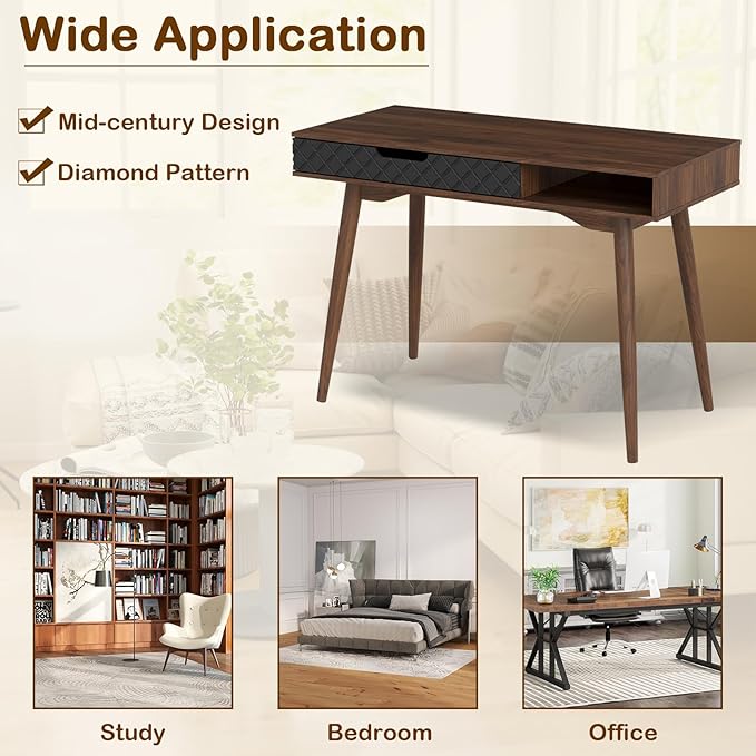 Giantex Mid Century Modern Desk, 42.5" Vintage Computer Desk with Storage Drawer & Rubber Wood Legs, Makeup Vanity Table, Wood Computer Workstation, Small Writing Desk for Bedroom, Small Space, Walnut