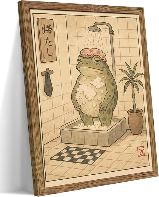 Framed Vintage Frog Bathroom Wall Art, Funny Cute Green Frog in Bubble Bath Canvas Prints, Japanese-Style Retro Cartoon Animal Artwork, Whimsical Wall Decor for Dorm Apartment Toilet 16x24in