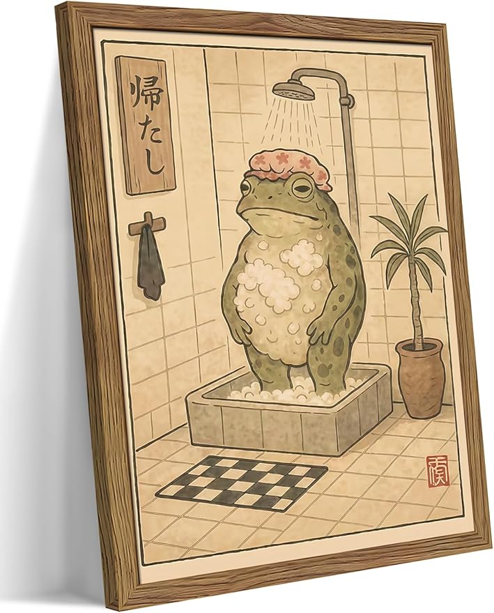 Framed Vintage Frog Bathroom Wall Art, Funny Cute Green Frog in Bubble Bath Canvas Prints, Japanese-Style Retro Cartoon Animal Artwork, Whimsical Wall Decor for Dorm Apartment Toilet 8x10in