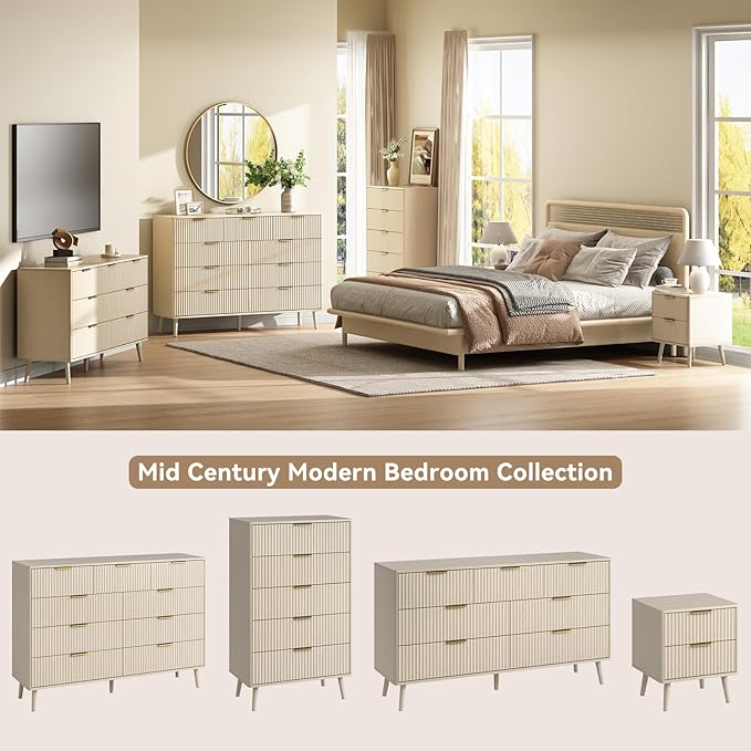 CARPETNAL Fluted 7 Drawer Dresser for Bedroom, 55" Wide Wooden Chest of Drawers with Rounded Corners, Gold Handles, Modern Storage Organizer for Bedroom, Hallway(Beige)
