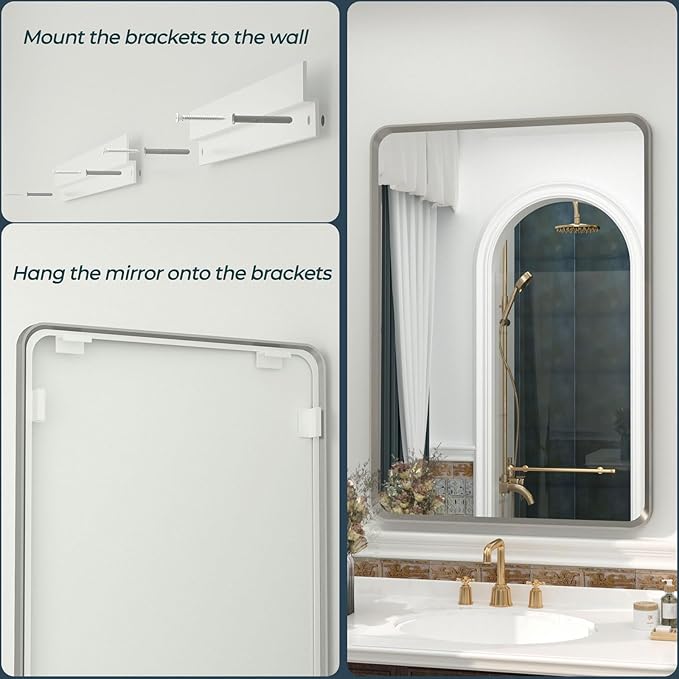OKPAL 24 x 28 Silver Bathroom Mirror for Wall, Brushed Metal Framed Bathroom Vanity Mirror, Modern Rounded Rectangle Mirror, Anti-Rust (Horizontal/Vertical)