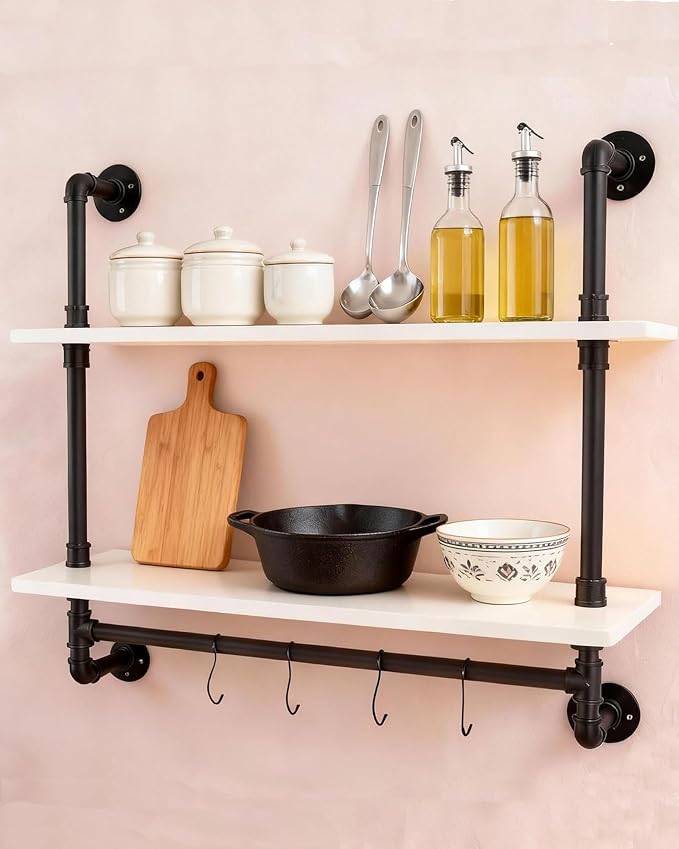 ROGMARS White Floating Wall Shelves Industrial Pipe Shelving 30 Inch Wood Bathroom Shelves with Towel Bar Over Toilet, Rustic Farmhouse Pipe Wall Shelves for Kitchen Living Room (30inch 2 Tier)