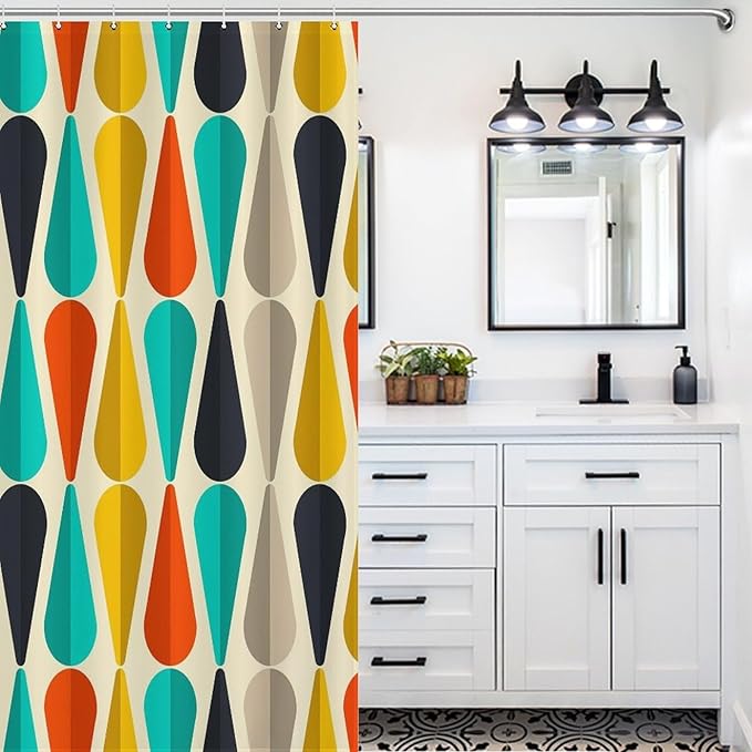 Mid Century Modern Shower Curtain,Colorful Abstract Geometric Drop Shapes Art Style Shower Curtains Set for Bathroom Fabric Decorative Bath Curtain Washable Curtain Hooks, 72x72 inch
