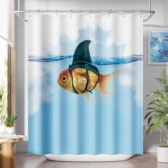 AmazerBath Shower Curtain Blue, Washable Cloth Funny Fish in Shark's Clothing Kids Shower Curtain Sets with 12 Shower Curtain Hooks, Cute Waterproof Shower Curtains for Bathroom Decor, 72x72 Inches