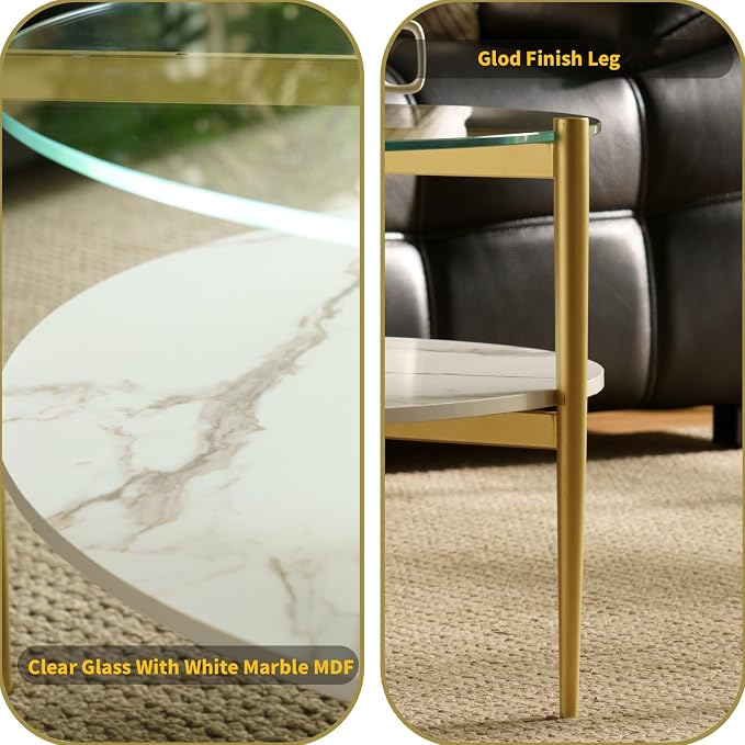 AGV LIGHTING 30" Round Glass Coffee Table,Mid-Century Modern Coffee Table for Living Room, Glod Finish Leg,2-Tier,Tempered Glass Top with White Marble MDF Shelf