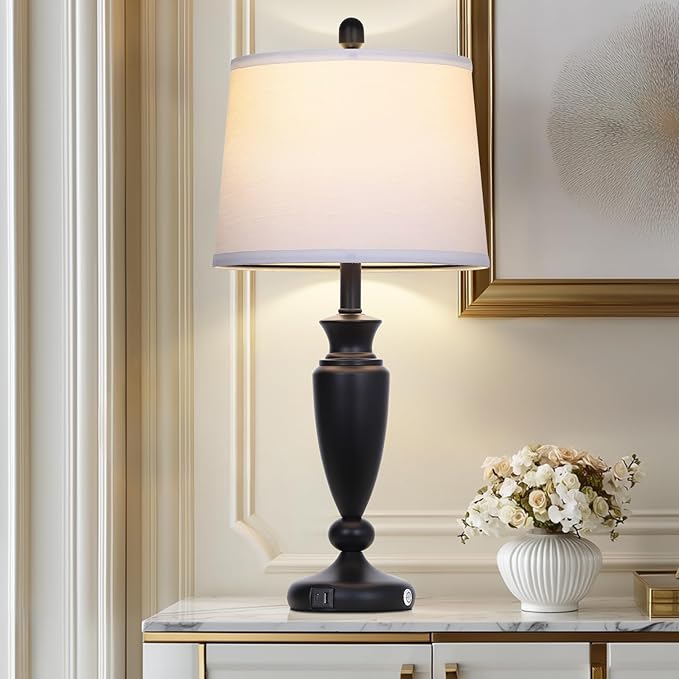 27'' Black Table Lamp Single, 3 Way Touch Control Living Room Lamp with USB A+C Ports, Modern Bedside Lamp, Elegant Metal Nightstand Lamps for Bedroom Office End Table Decoration
