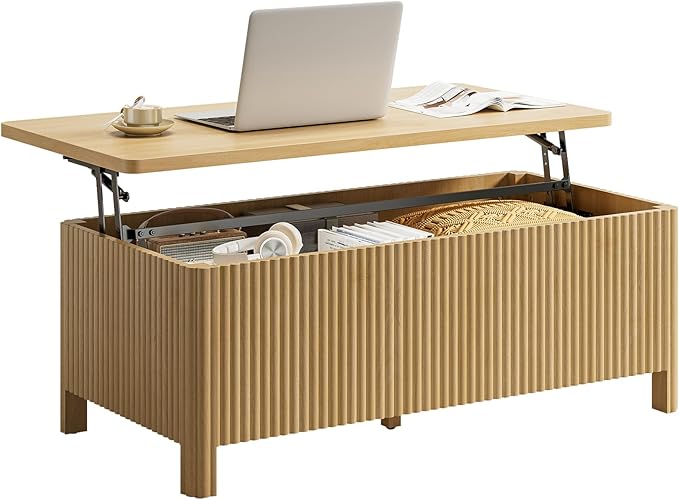 ONBRILL Fluted Lift Top Coffee Table with Storage, Mid Century Modern Coffee Table with Hidden Compartment, Rising Top Wood Center Table for Living Room, Home Office, Rounded Edges (Natural Oak)