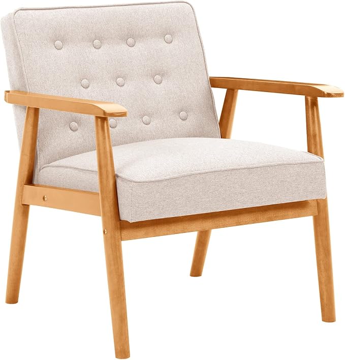 UNICOO® Mid-Century Retro Modern Accent Chairs, Solid Wood Armrest Lounge, Upholstered Mid Century Modern Chair, Walnut Finish with Innerspring Seat Cushion, Linen-Look Fabric(U205-Beige)