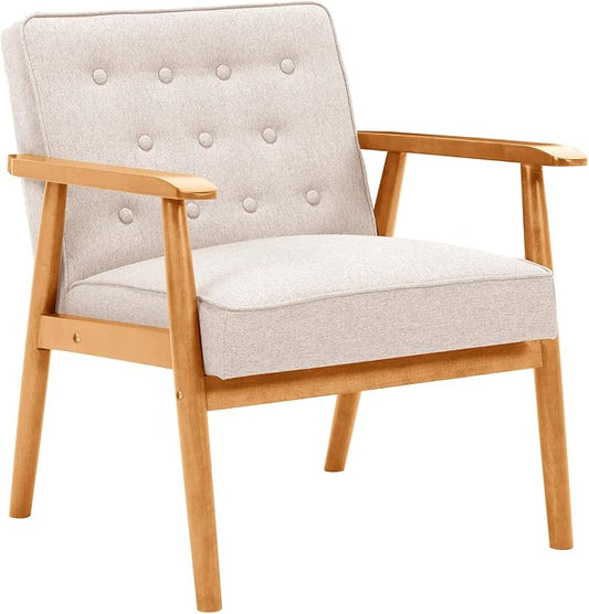 UNICOO® Mid-Century Retro Modern Accent Chairs, Solid Wood Armrest Lounge, Upholstered Mid Century Modern Chair, Walnut Finish with Innerspring Seat Cushion, Linen-Look Fabric(U205-Beige)