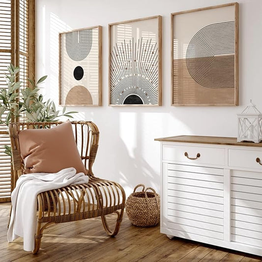 Baccone Mid Century Modern Wall Art Set of 3 Neutral Boho Art Prints Abstract Geometric Wall Art Picture Black Beige Minimalist Painting Canvas Artwork for Living Room Bedroom 12x16 Inch UNFRAMED