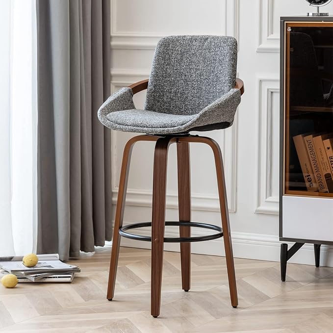 LUNLING 25.6" Counter Height Barstools Set of 3 Mid Century Modern Retro Bar Chairs Charcoal Gray Linen Look Fabric Upholstered and Walnut Wood Frame for Home Bar Furniture,Gray