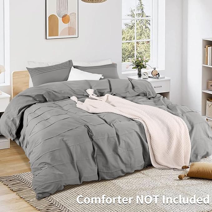 NEXHOME PRO 100% Organic Cotton Duvet Cover Queen Size, Linen Pleated Textured Duvet Cover Set Light Grey, 3pc Bedding Set with Zipper Closure, Soft, Lightweight and Breathable 90"x90", No Comforter