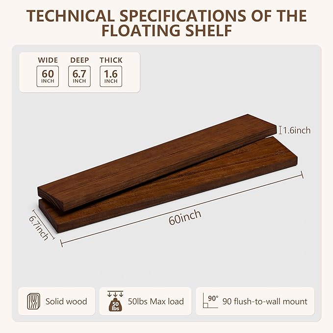 IEO Long Wooden Floating Shelves for Room Wall, Natural Wood Floating Shelves Wall Mounted Kitchen Shelf for Living Room, Bedroom, Kitchen,Bathroom, Storage (Walnut, 60in 3tier)