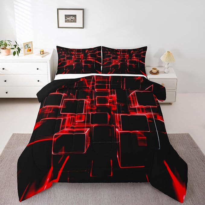 Erosebridal Fire Red and Black Kids Comforter Set Twin, Modern Geometric Square Bedding for Boys Girls Gradient Neon Light Honeycomb Duvet Set Soft Microfiber Quilt with 1 Pillowcase