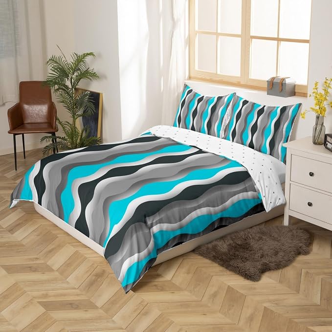 Turquoise Duvet Cover Geometric Retro Bedding Set Teal Blue Grey Black Stripe Comforter Cover for Boys Girls Kids Teens Bedroom Decor Mid Century Modern Decor Bed Set Twin Size 2Pcs (No Comforter)