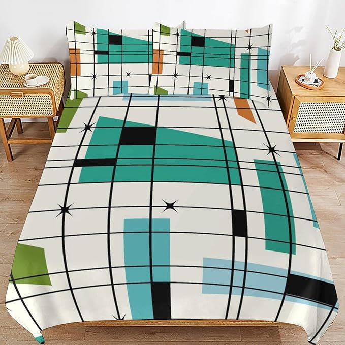 Mid Century Duvet Cover Sets Aesthetic Abstract Geometric Mid Century Retro Printed Lightweight Soft Quilt Cover Minimalist Soft Microfiber 3 Piece (1 Duvet Cover 68x86in + 2 Pillow Sham 20x30in)