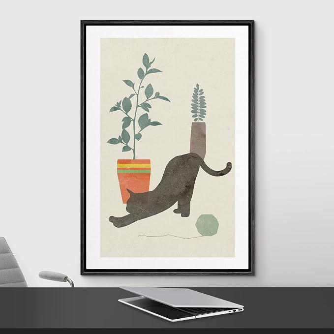 Woodrose Framed Canvas Print Wall Art Retro Black House Cat with Plants Animals Shapes Illustrations Modern Minimalist Chic Relax/Calm Multicolor for Living Room, Bedroom, Office - 16"x24" Black