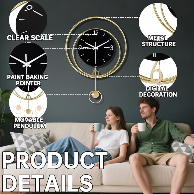 Decorative Wall Clock, Silent Non-Ticking Quality Quartz Battery Operated with Pendulum, Large Wall Clock for Living Room Kitchen Home Bathroom Bedroom Wall Decor, 13x17Inch(Black)