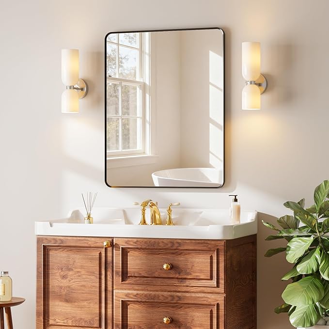 Black Bathroom Mirror 24x30 inch, Rounded Rectangle Metal Framed Vanity Wall Mirror, HD Tempered Glass, Horizontal or Vertical Hanging