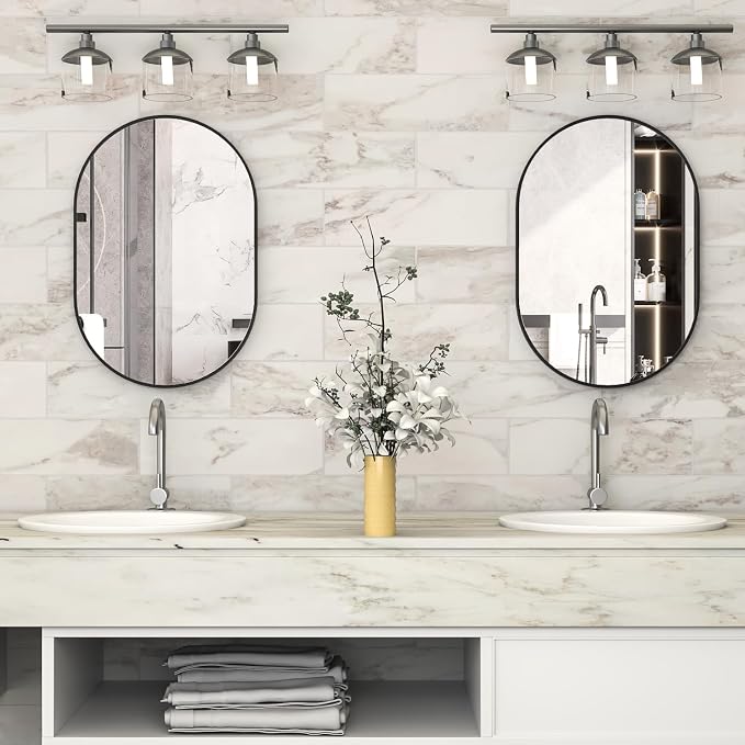 Oval Bathroom Mirror Capsule Wall Mirror, 24"x36" Black Vanity Wall Mounted Mirror, Large Modern Pill Mirrors with Metal Frame, Decor for Entryway, Bedroom, Living Room