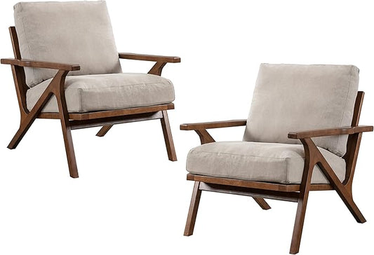 chairus Mid-Century Modern Accent Chairs Set of 2, Comfy Upholstered Lounge Armchairs with Removable Cushions & Solid Wood Frame, Reading Chairs for Living Room Bedroom Office, Beige Denim Fabric