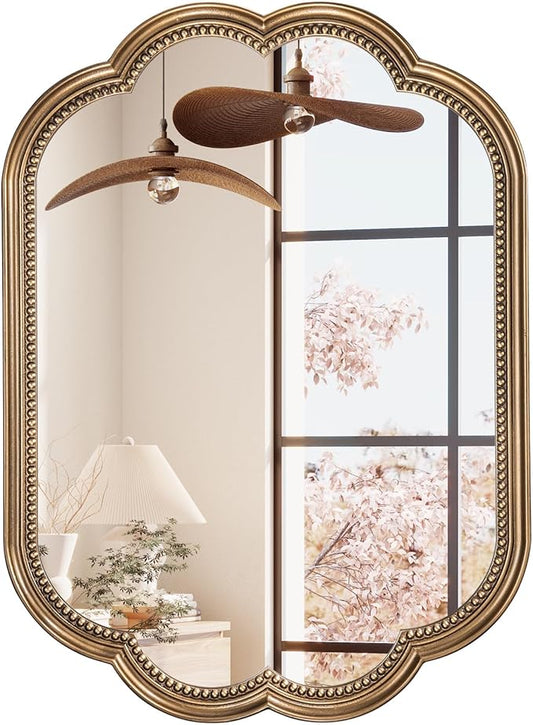 Scalloped Wall Mirror, 22" x 30" Gold Oval Mirror Beaded Frame Decorative, Antique Gold Mirrors Wooden Large Flower Mirrors for Over Sink, Bathroom, Bedroom, Living Room, Fireplace, Entryway