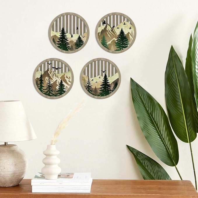 TOARTi 4Pcs Boho Mountain Wooden Wall Art Abstract Sun Moon Pine Tree Wall Decor Farmhouse Natural Mountain Landscape Artwork Minimalist Geometric Forest Hanging Sign for Living Room Bedroom Office