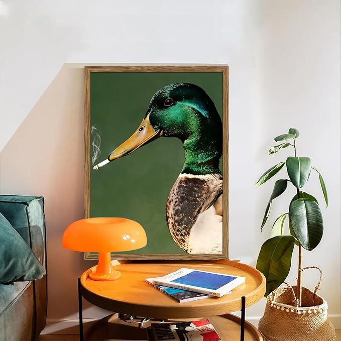 Funny Mallard Duck Wall Art Vintage Cottagecore Duck Wall Decor Painting, Whimsical Animal Poster Canvas Print Picture for Living Room Bedroom 16x24 inch Wood Framed