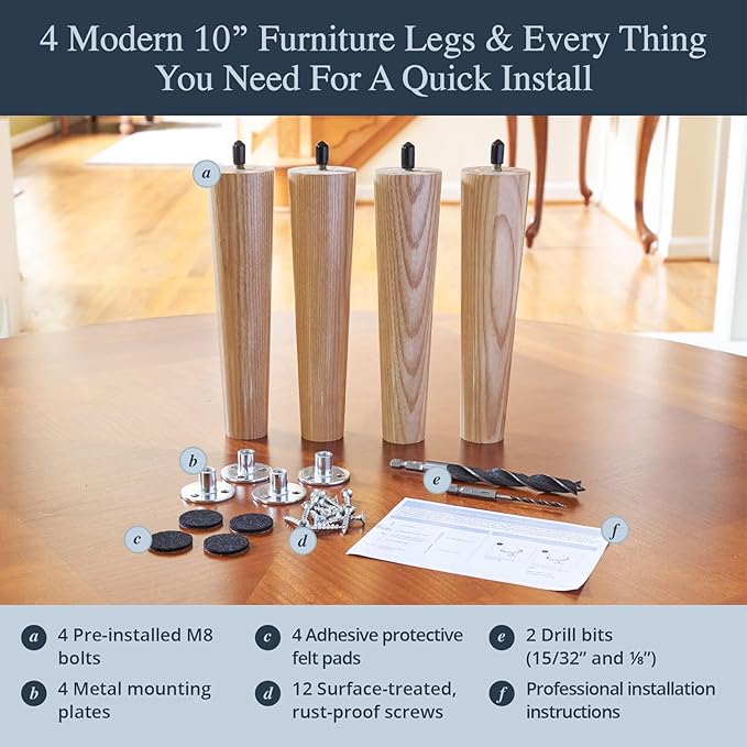 Airy Abode Premium Ash Wood Furniture Legs (Full Install Kit) - Pick Your Size and Color