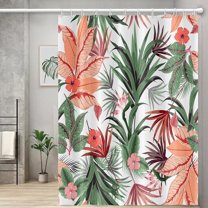 Tropical Plant Shower Curtain Boho Green Leaves Blossom Pink Lily Bath Curtain 65 x 72 Inch Waterproof Washable Fabric Summer Bathroom Decorative Shower Curtain Sets with 12 Hooks