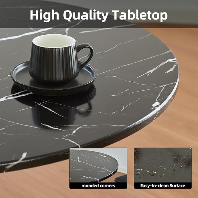 Round Dining Table, 31.5" Circle Tulip Table with Thickened Tabletop & Metal Pedestal, Mid Century Modern Bistro Table for Kitchen, Small Places, Living Room, Cafe (Marble Pattern Black)