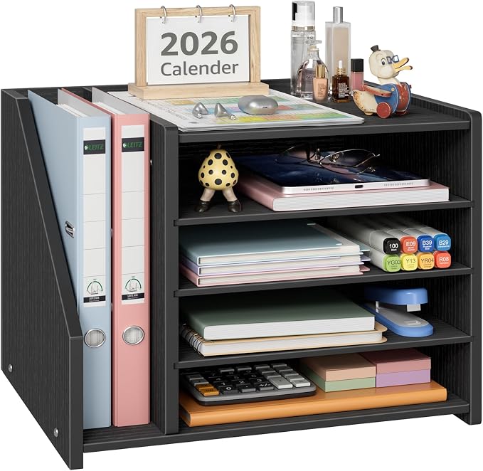 4-Tier Black Wood Desk Paper Organizer, Modern Desktop Letter Tray for File Folders, Black Office Desk Shelf Accessories & Workspace Organizers for A4 Documents, Sturdy Wood Sorter Orgnizer Shlef