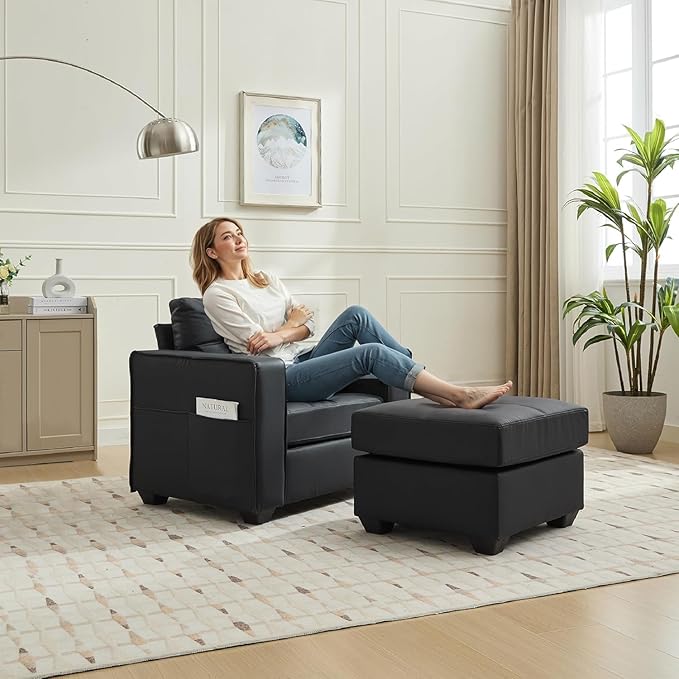 TYBOATLE Oversized Wide Accent Chair with Ottoman, Wide Chaise Lounge Chair Indoor, Mid Century Modern Armchair with Pockets, Leather Comfy Chairs for Bedroom, Living Room, Office (Black)