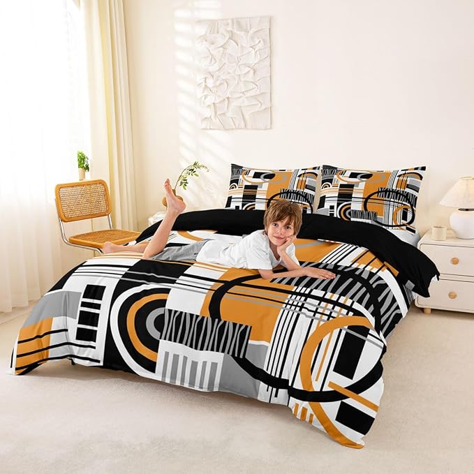 Erosebridal Art Deco Mid Century Duvet Cover Set Retro Modern Abstract Geometric Full Size Bedding Sets for Young Boys Black and White Yellow Circles Stripes Comforter Cover Contemporary Bed Set