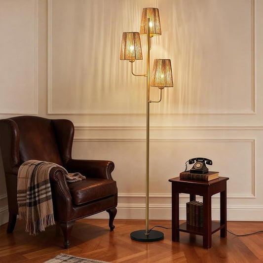 Boho Floor Lamp for Living Room: 3 Light Rattan Floor Lamp for Bedroom, Gold Standing Lamp with Foot Switch, Coastal Rustic Tall Lamp, No Bulb