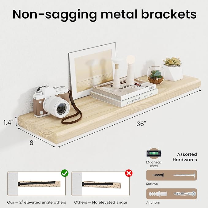 Axeman 36Inch Natural Wood Floating Shelves for Wall|Rustic Wooden Shelves for Bedroom Kitchen Bathroom|Storage Shelf with Invisible Bracket for Wall Mounted|Set of 1|Natural Color