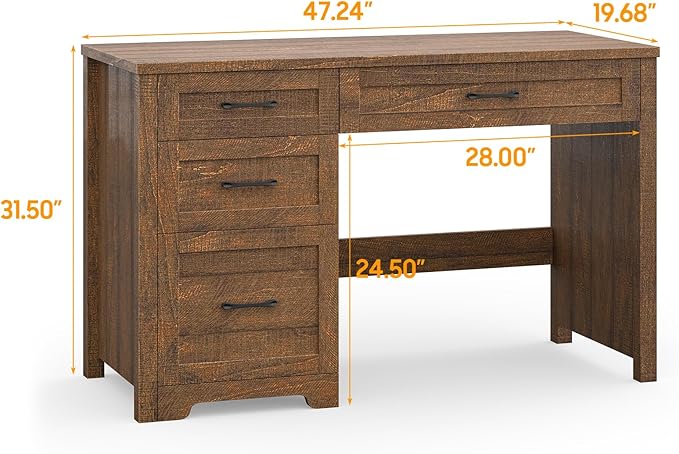 Vabches Farmhouse 47" Executive Desk with File Drawer, Wood Computer Desk with 3 Storage Drawers, Workstation for Home Office, Writing, Study,Red-Brown.