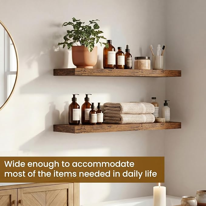 Dreamland Floating Shelves for Wall, 27.5 Inch Long Shelves, Wall Decor for Bedroom, Kitchen, Living Room & Book Storage, Mounted Floating Shelf with Invisible Brackets, Set of 2, Rustic Brown