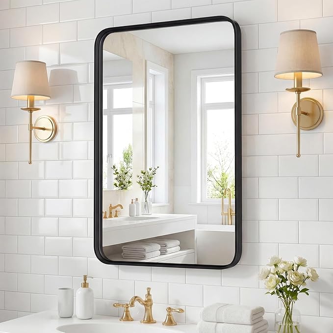 22"x 30" Black Bathroom Mirror for Sink, Rectangle Vanity Mirror for Wall, Over Sink, Farmhouse, Restroom, Anti-Rust, Modern Decorative, Horizontal or Vertical Hanging