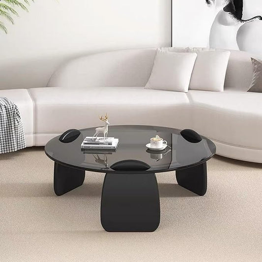 EASYSOUL Modern Round Coffee Table with Glass Top, 35.43" L x 35.43" W x 14.69" H, Circular Tea Tables for Living Room Home Office Industrial Cocktail Tables (Black-Grey Glass/35.43 ")