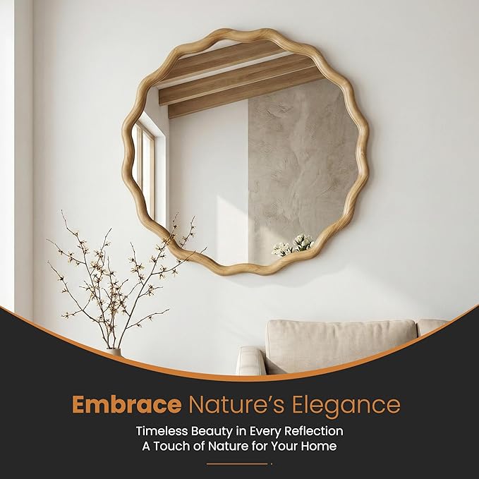 TRAHOME Round Wood Mirrors for Wall, 24" Boho Cirecle Wavy Mirror with Wooden Frame, Decorative Mirror with Tempered Glass, Natural Wooden Frame Vanity Mirror for Bedroom, Living Room, Entryway