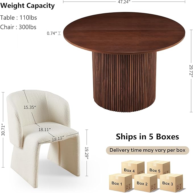 NORDICANA 5-Piece Round Dining Table Set for 4, Rustic 47-Inch Kitchen Table and Chair Set, Dining Set with Off White Upholstered Armchairs, Manufactured Wood Top with Walnut Veneer