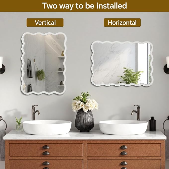 40x30 Inch Wooden Wavy Rectangle Wall Mirror, Modern Solid Wood Frame Decorative Accent Mirror for Bedroom, Bathroom, Living Room, Entryway, White
