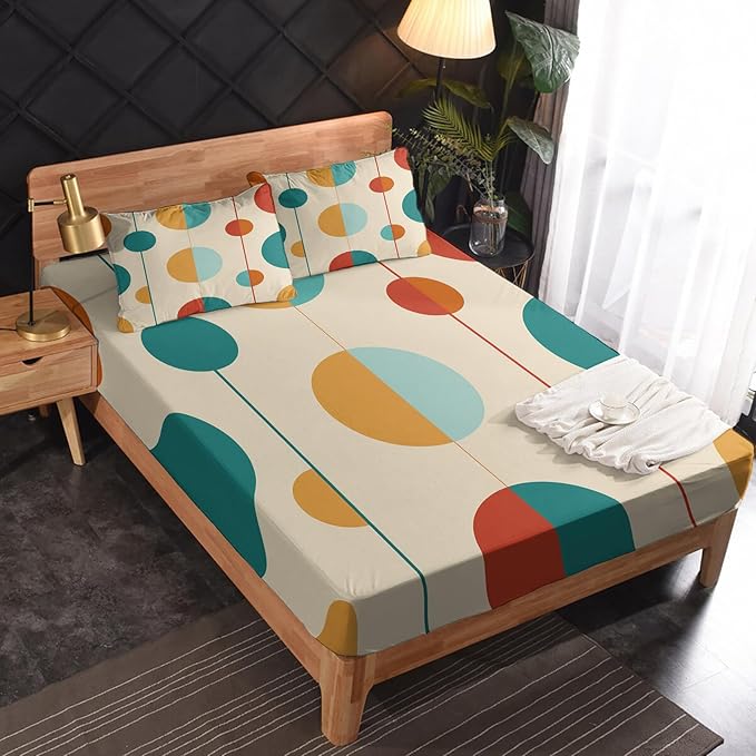 Mid Century Modern Sheets Queen Size, Retro Circle Bed Sheet Set, Abstract Geometric Bedding Sheet Sets 4 Piece, Soft Microfiber Deep Pocket Fitted Sheet & Flat Sheet & 2 Pillowcases