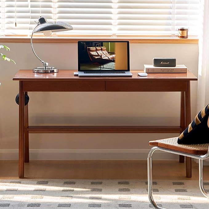 YESWOOD 100% Solid Rubber Wood Desk, Mid Century Modern Writing Computer Desk in Walnut Finish with Drawer for Home Office, Sturdy Room, Bedroom 47.24" W Teak